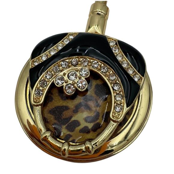 Purse Hanger Black Leopard Print Rhinestones Handbag Hook Portable Brass - Picture 2 of 8